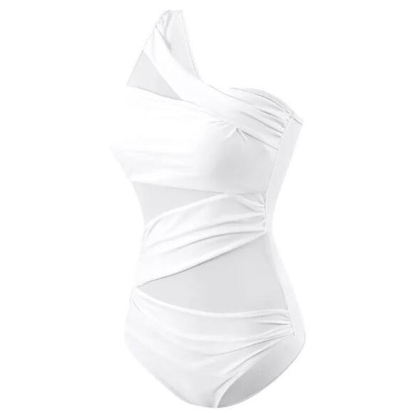Runtlly Women’s One Shoulder White Mesh Swimsuit Small Asymmetrical Cutout - Picture 3 of 5